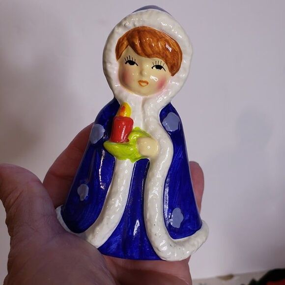 Vintage Christmas Mini Blue Ceramic Red Head Girl with Candle Figurine 4" - Picture 6 of 7